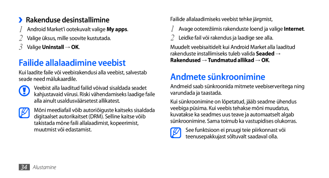 Samsung GT-I9001HKDSEB manual Failide allalaadimine veebist, Andmete sünkroonimine, ››Rakenduse desinstallimine 