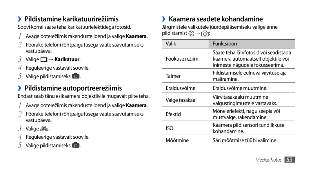 Samsung GT-I9001HKDSEB manual ››Pildistamine karikatuurirežiimis, ››Pildistamine autoportreerežiimis 