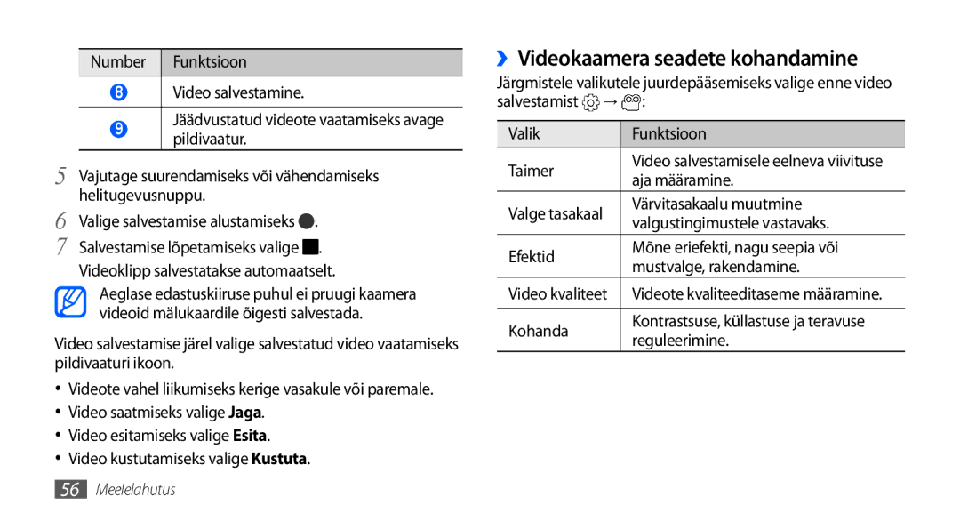 Samsung GT-I9001HKDSEB manual ››Videokaamera seadete kohandamine, Aja määramine, Valge tasakaal, Video kvaliteet 