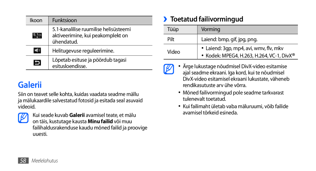 Samsung GT-I9001HKDSEB manual Galerii, ››Toetatud failivormingud 