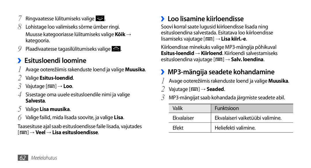 Samsung GT-I9001HKDSEB manual ››Loo lisamine kiirloendisse, ››MP3-mängija seadete kohandamine, ››Esitusloendi loomine 