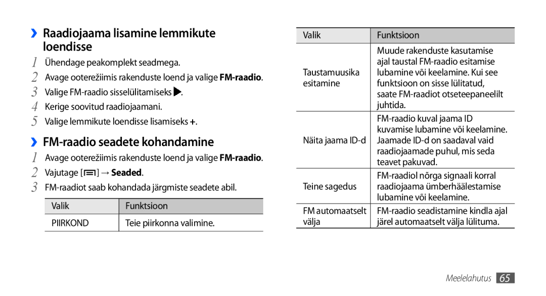 Samsung GT-I9001HKDSEB manual ››Raadiojaama lisamine lemmikute loendisse, ››FM-raadio seadete kohandamine 