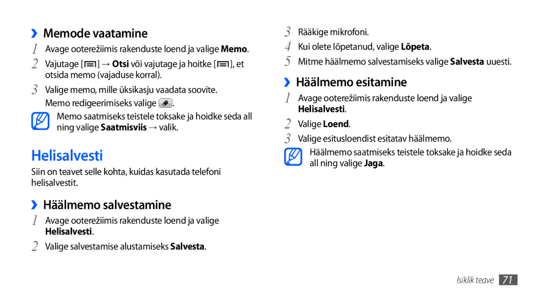 Samsung GT-I9001HKDSEB manual Helisalvesti, ››Memode vaatamine, ››Häälmemo salvestamine, ››Häälmemo esitamine 