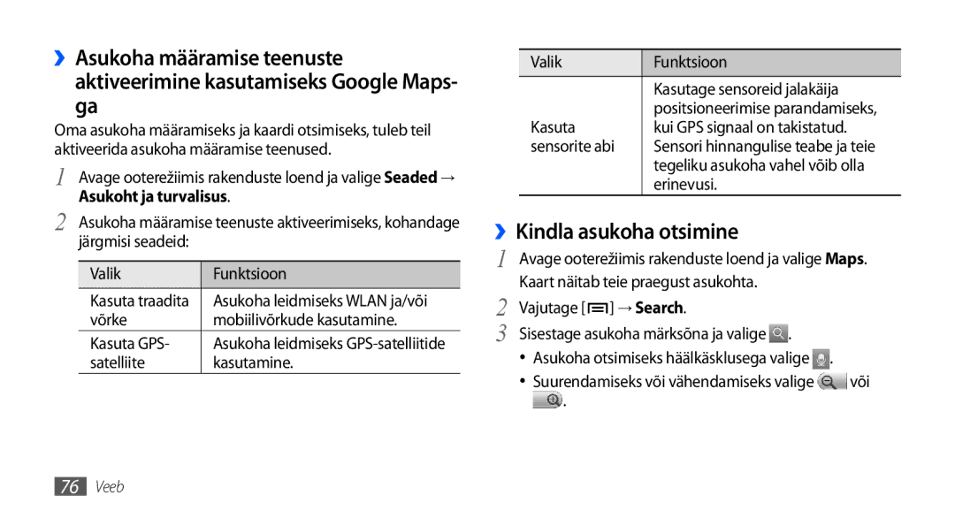 Samsung GT-I9001HKDSEB manual ››Kindla asukoha otsimine, Asukoht ja turvalisus 