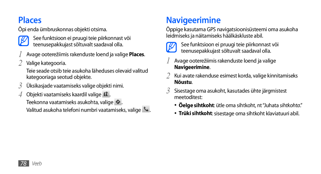 Samsung GT-I9001HKDSEB manual Places, Navigeerimine, Nõustu 