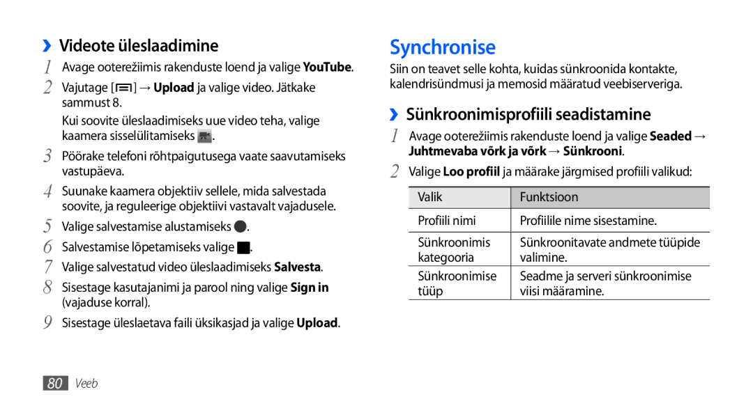 Samsung GT-I9001HKDSEB manual Synchronise, ››Videote üleslaadimine, ››Sünkroonimisprofiili seadistamine 