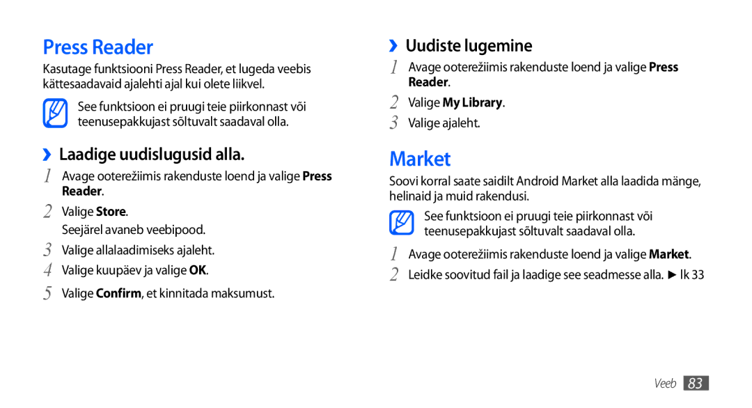 Samsung GT-I9001HKDSEB manual Press Reader, Market, ››Laadige uudislugusid alla, ››Uudiste lugemine 