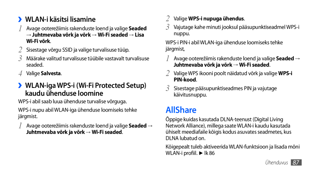 Samsung GT-I9001HKDSEB manual AllShare, ››WLAN-i käsitsi lisamine 