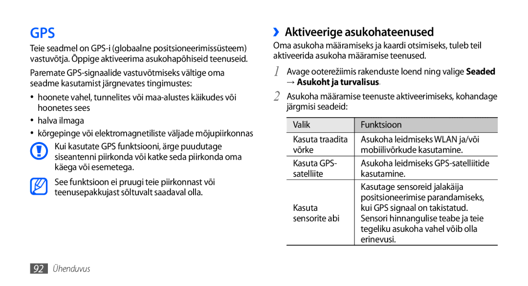 Samsung GT-I9001HKDSEB manual ››Aktiveerige asukohateenused, → Asukoht ja turvalisus 