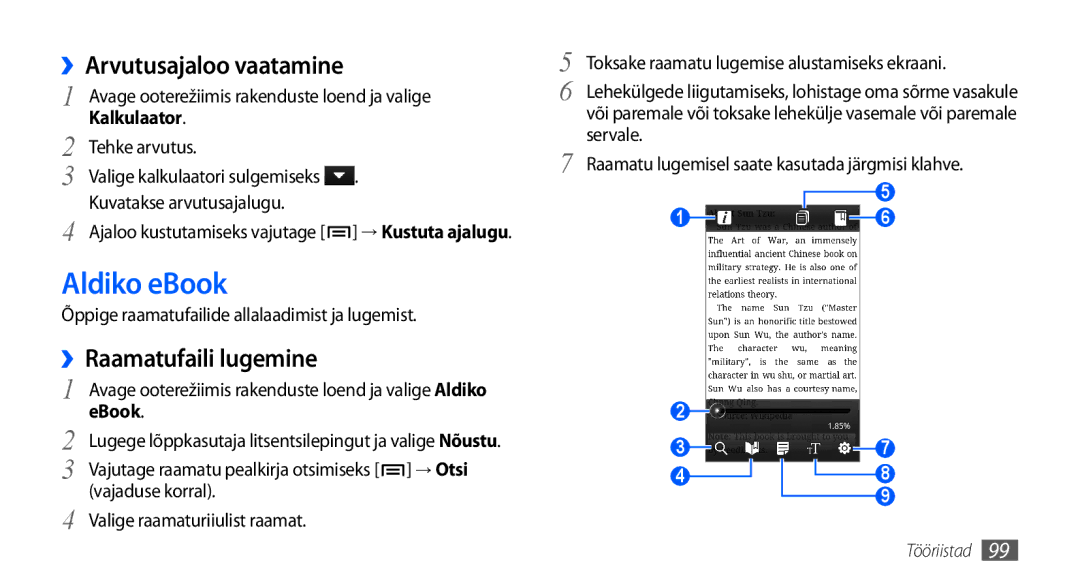 Samsung GT-I9001HKDSEB manual Aldiko eBook, ››Arvutusajaloo vaatamine, ››Raamatufaili lugemine 