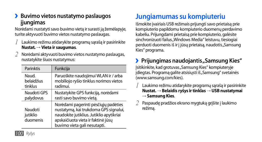 Samsung GT-I9001HKDSEB manual Jungiamumas su kompiuteriu, ››Buvimo vietos nustatymo paslaugos įjungimas, → Samsung Kies 