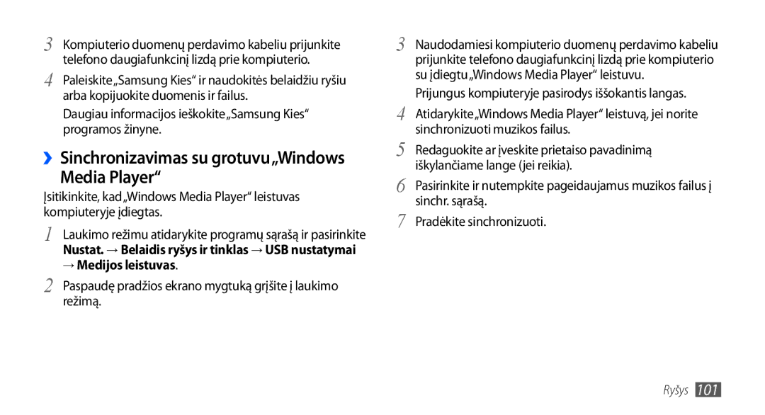 Samsung GT-I9001HKDSEB manual Media Player, ››Sinchronizavimas su grotuvu„Windows, → Medijos leistuvas 