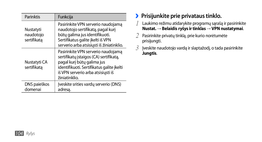 Samsung GT-I9001HKDSEB manual ››Prisijunkite prie privataus tinklo, Jungtis 