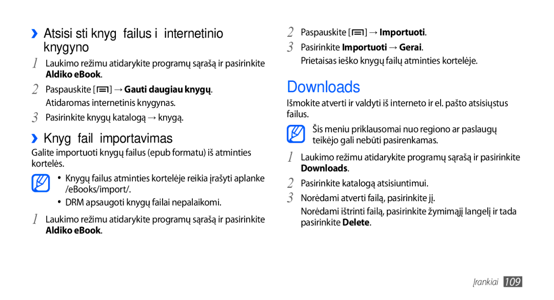 Samsung GT-I9001HKDSEB manual Downloads, ››Atsisiųsti knygų failus iš internetinio knygyno, ››Knygų failų importavimas 