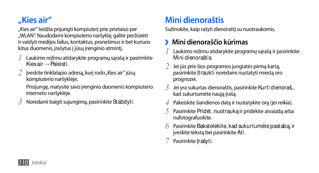 Samsung GT-I9001HKDSEB manual „Kies air, Mini dienoraštis, ››Mini dienoraščio kūrimas, Kies air → Paleisti 