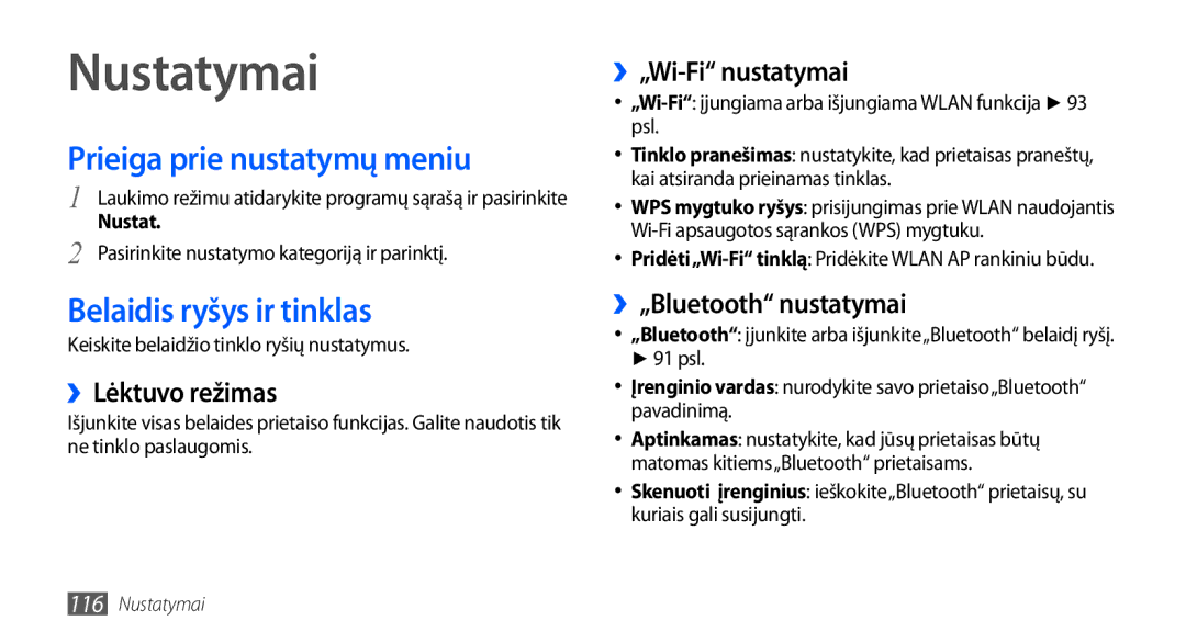 Samsung GT-I9001HKDSEB Prieiga prie nustatymų meniu, Belaidis ryšys ir tinklas, ››Lėktuvo režimas, ››„Wi-Fi nustatymai 