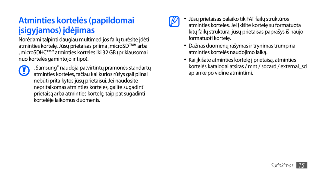 Samsung GT-I9001HKDSEB manual Atminties kortelės papildomai įsigyjamos įdėjimas 