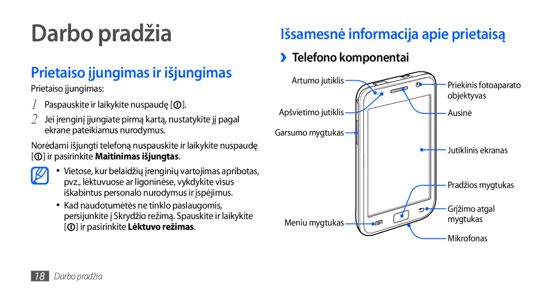 Samsung GT-I9001HKDSEB Prietaiso įjungimas ir išjungimas, Išsamesnė informacija apie prietaisą, ››Telefono komponentai 