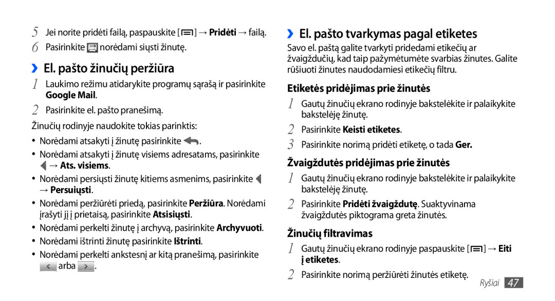 Samsung GT-I9001HKDSEB manual ››El. pašto tvarkymas pagal etiketes 