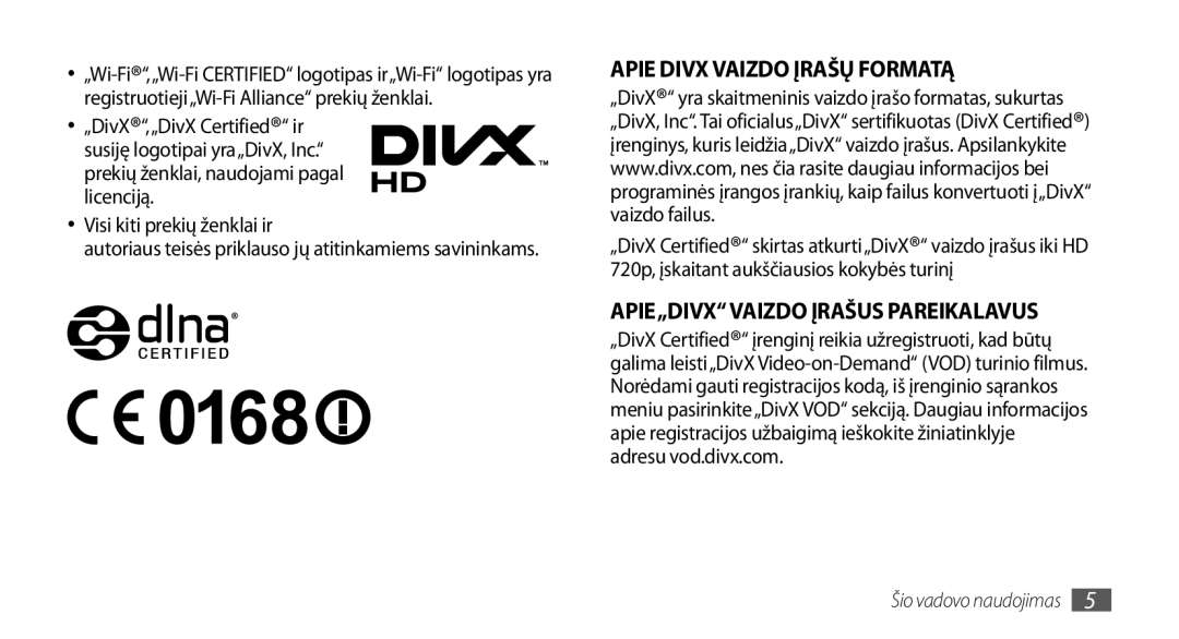 Samsung GT-I9001HKDSEB manual Apie Divx Vaizdo Įrašų Formatą 