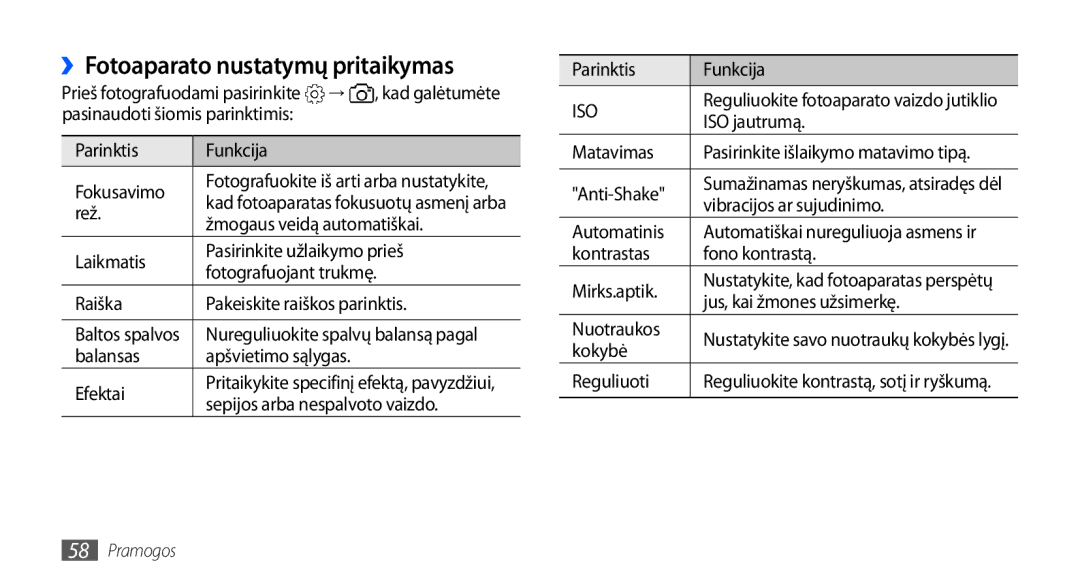 Samsung GT-I9001HKDSEB manual ››Fotoaparato nustatymų pritaikymas 