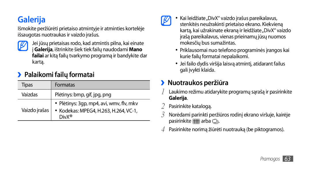 Samsung GT-I9001HKDSEB manual Galerija, ››Palaikomi failų formatai, ››Nuotraukos peržiūra 