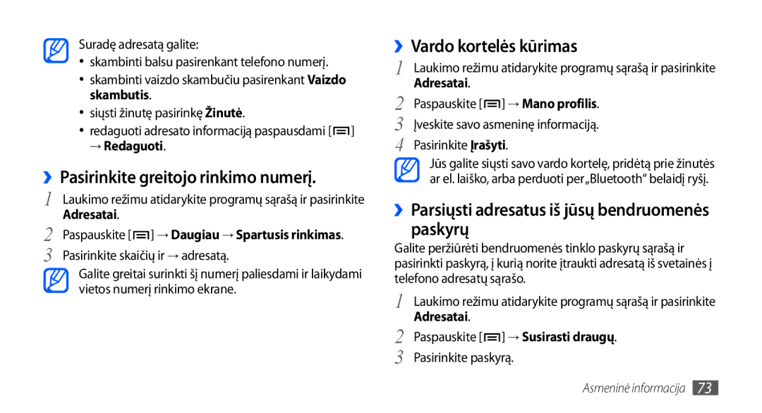 Samsung GT-I9001HKDSEB manual ››Pasirinkite greitojo rinkimo numerį, ››Vardo kortelės kūrimas, → Redaguoti 