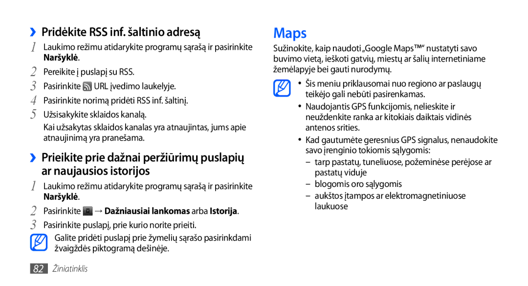 Samsung GT-I9001HKDSEB manual Maps, ››Pridėkite RSS inf. šaltinio adresą 