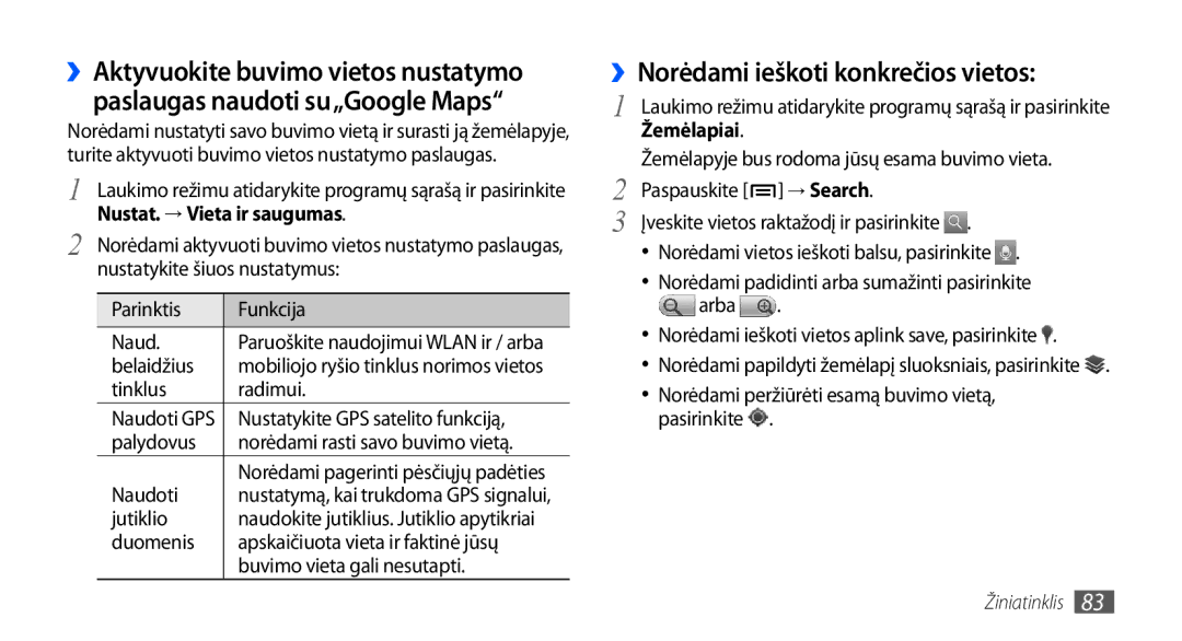 Samsung GT-I9001HKDSEB manual ››Norėdami ieškoti konkrečios vietos, Nustat. → Vieta ir saugumas, Žemėlapiai, → Search 