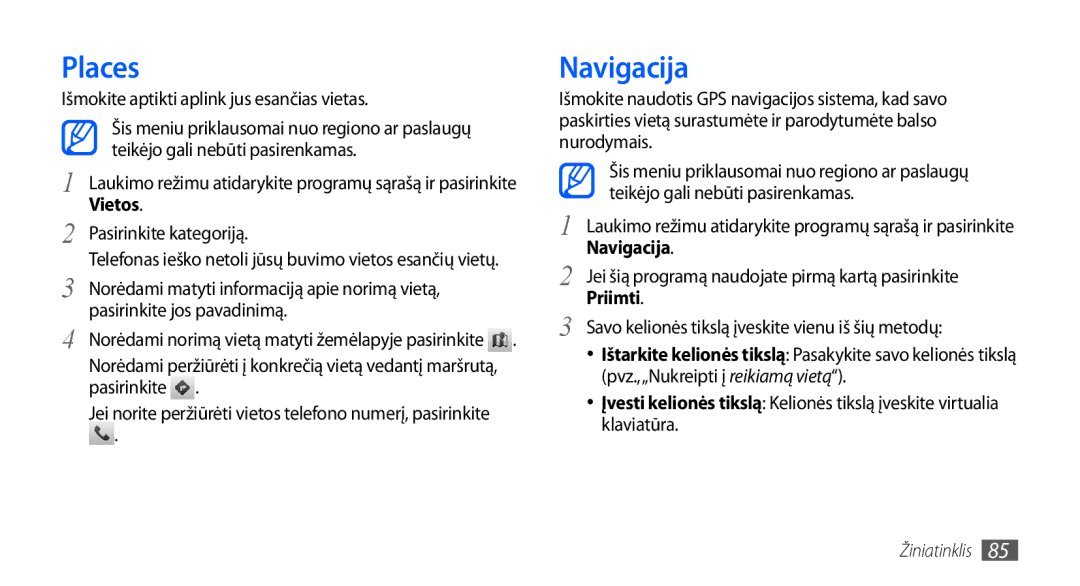 Samsung GT-I9001HKDSEB manual Places, Navigacija, Išmokite aptikti aplink jus esančias vietas 
