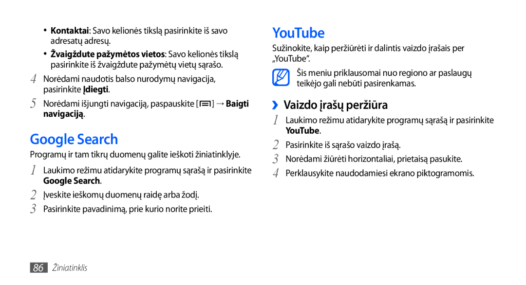 Samsung GT-I9001HKDSEB manual Google Search, YouTube, ››Vaizdo įrašų peržiūra 