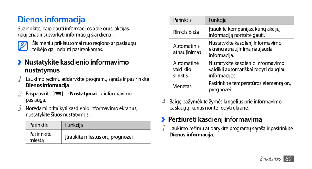 Samsung GT-I9001HKDSEB manual Dienos informacija, ››Nustatykite kasdienio informavimo nustatymus 