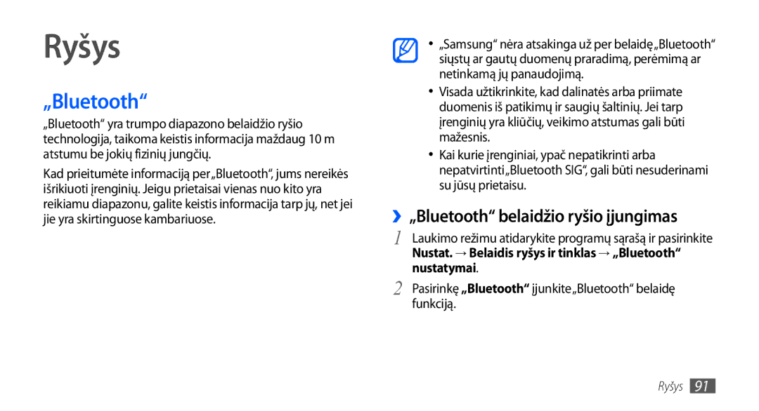 Samsung GT-I9001HKDSEB manual ››„Bluetooth belaidžio ryšio įjungimas, Nustatymai, Funkciją 