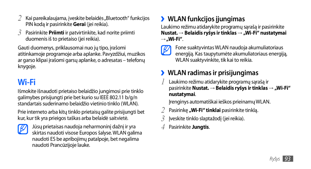 Samsung GT-I9001HKDSEB manual ››WLAN funkcijos įjungimas, ››WLAN radimas ir prisijungimas, → „Wi-Fi 