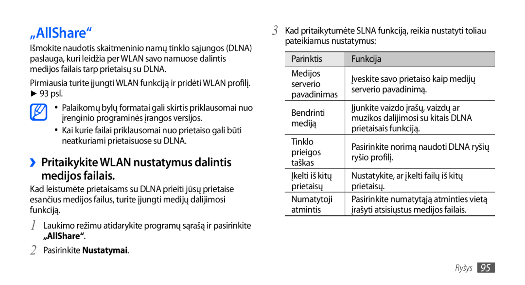 Samsung GT-I9001HKDSEB manual „AllShare, Medijos failais, ››Pritaikykite Wlan nustatymus dalintis 