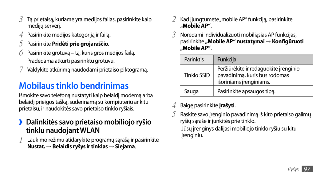 Samsung GT-I9001HKDSEB manual Mobilaus tinklo bendrinimas, Pavadinimą, kuris bus rodomas, Išoriniams įrenginiams 