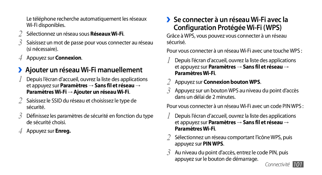 Samsung GT-I9001UWDSFR manual Configuration Protégée Wi-Fi WPS, ››Se connecter à un réseau Wi-Fi avec la, Paramètres Wi-Fi 