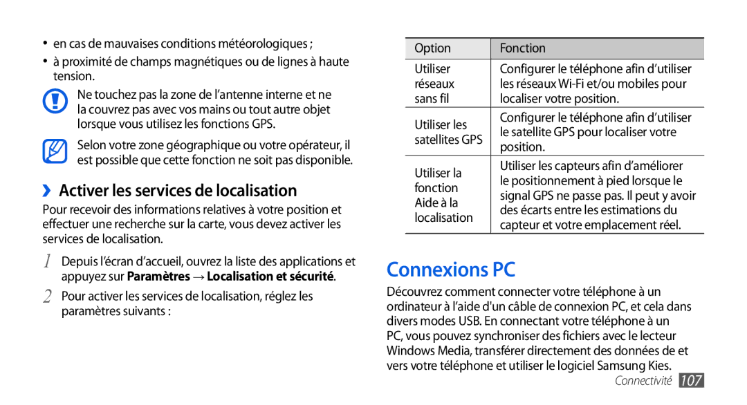 Samsung GT-I9001HKDXEF manual Connexions PC, ››Activer les services de localisation, Option Fonction Utiliser, Localisation 