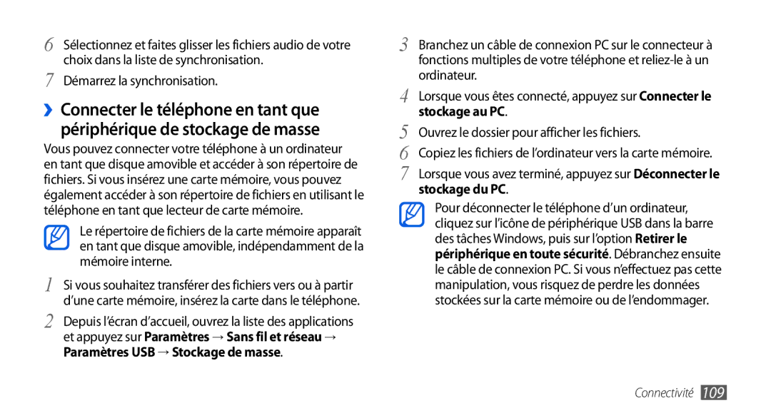 Samsung GT-I9001HKDFTM, GT-I9001HKDSFR Choix dans la liste de synchronisation, Démarrez la synchronisation, Stockage au PC 