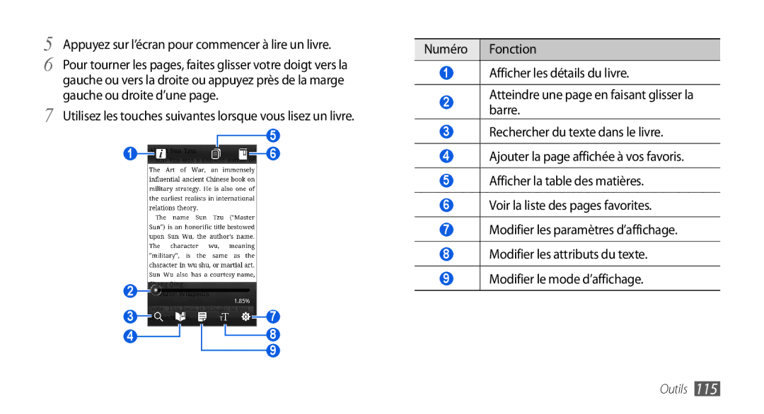 Samsung GT-I9001UWDSFR, GT-I9001HKDSFR, GT-I9001RWDSFR, GT-I9001HKDXEF Appuyez sur l’écran pour commencer à lire un livre 