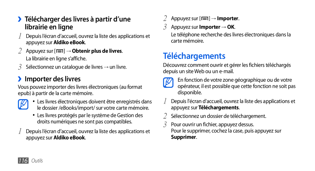 Samsung GT-I9001HKDFTM Téléchargements, ››Importer des livres, ››Télécharger des livres à partir d’une librairie en ligne 