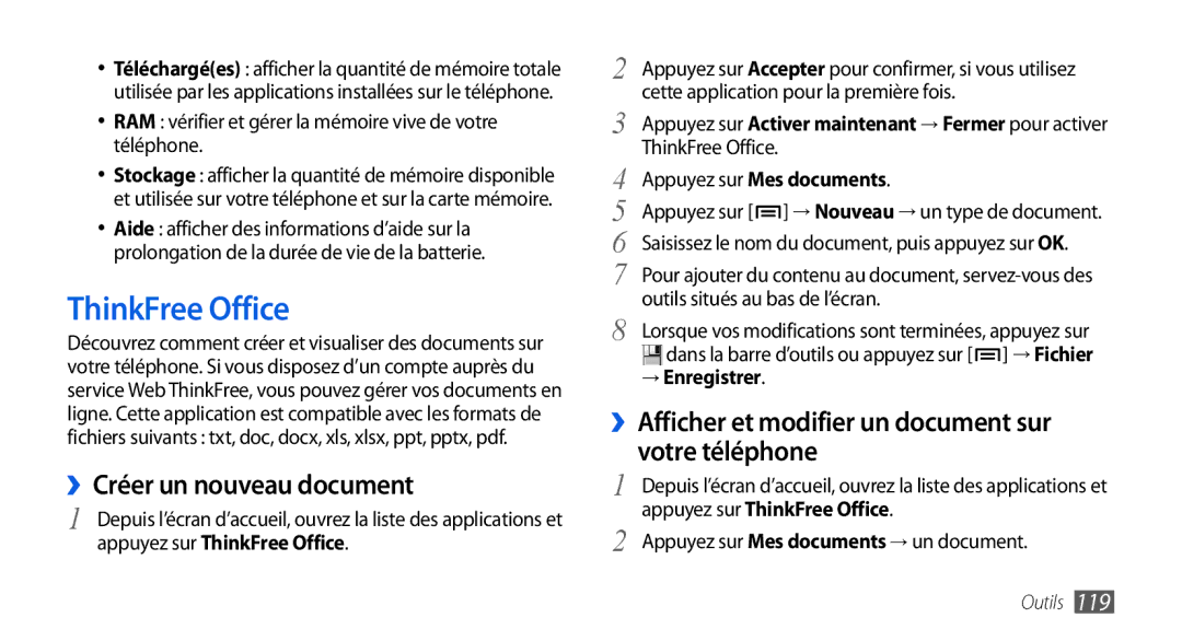 Samsung GT-I9001HKDSFR, GT-I9001RWDSFR manual ››Créer un nouveau document, → Enregistrer, Appuyez sur ThinkFree Office 