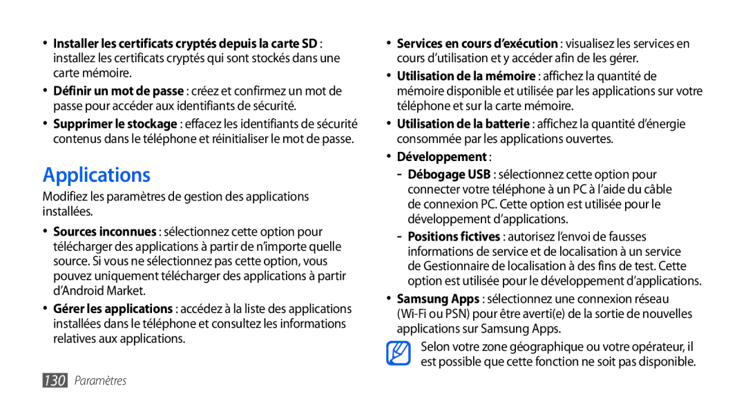 Samsung GT-I9001HKDFTM, GT-I9001HKDSFR, GT-I9001RWDSFR, GT-I9001HKDXEF, GT-I9001UWDSFR manual Applications, Développement 