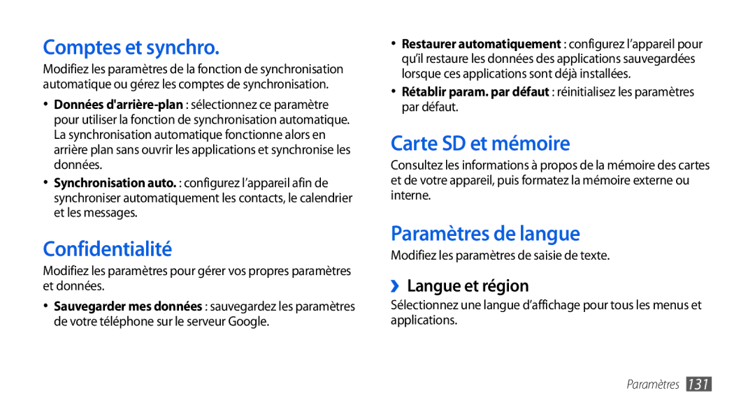 Samsung GT-I9001HKDBOG Comptes et synchro, Confidentialité, Carte SD et mémoire, Paramètres de langue, ››Langue et région 