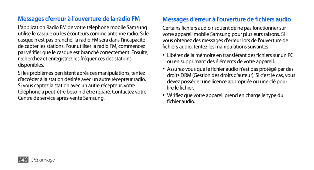 Samsung GT-I9001HKDSFR, GT-I9001RWDSFR, GT-I9001HKDXEF, GT-I9001UWDSFR manual Messages derreur à louverture de la radio FM 