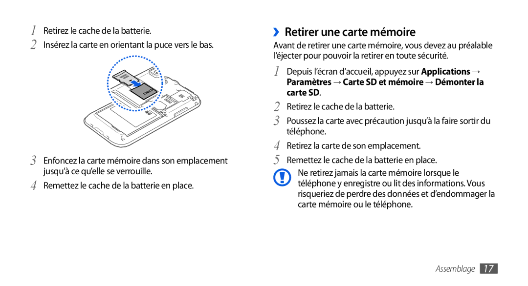 Samsung GT-I9001UWDSFR, GT-I9001HKDSFR manual ››Retirer une carte mémoire, Carte SD, Retirez le cache de la batterie 