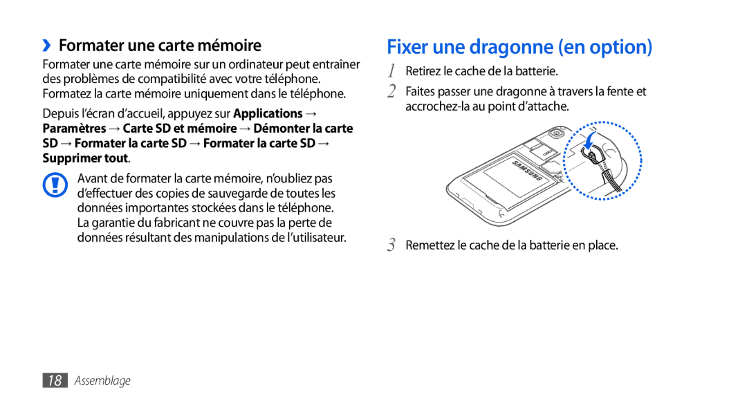 Samsung GT-I9001HKDFTM, GT-I9001HKDSFR, GT-I9001RWDSFR manual Fixer une dragonne en option, ››Formater une carte mémoire 