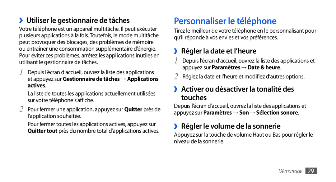 Samsung GT-I9001RWDSFR manual Personnaliser le téléphone, ››Utiliser le gestionnaire de tâches, ››Régler la date et l’heure 