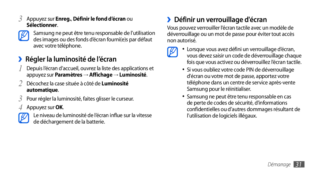 Samsung GT-I9001UWDSFR, GT-I9001HKDSFR ››Régler la luminosité de l’écran, ››Définir un verrouillage décran, Sélectionner 