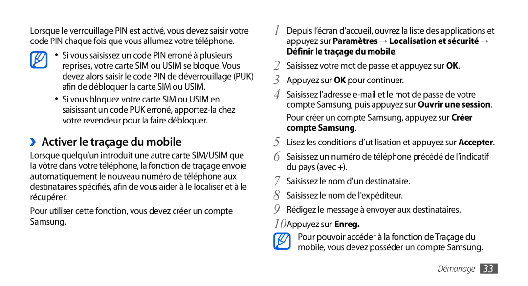 Samsung GT-I9001HKDBOG, GT-I9001HKDSFR manual ››Activer le traçage du mobile, Définir le traçage du mobile, Compte Samsung 